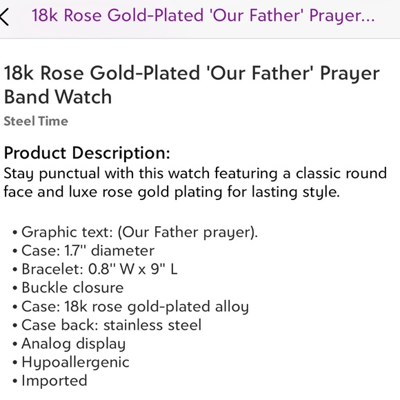 18k Rose Gold Plated ‘The Lords Prayer’ Band Watch